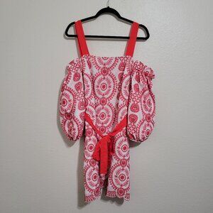 ASOS  Bohemian Embroidered Cold Shoulder Balloon Sleeve Red Mini Dress Sz 12
